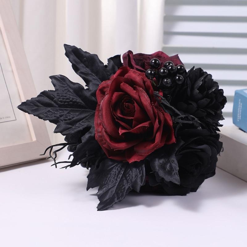 Artificial Flowers Bridal Bouquet Gothic Wedding Bouquet Red/Purple and Black Wedding Flower Bouquet for Bridesmaids