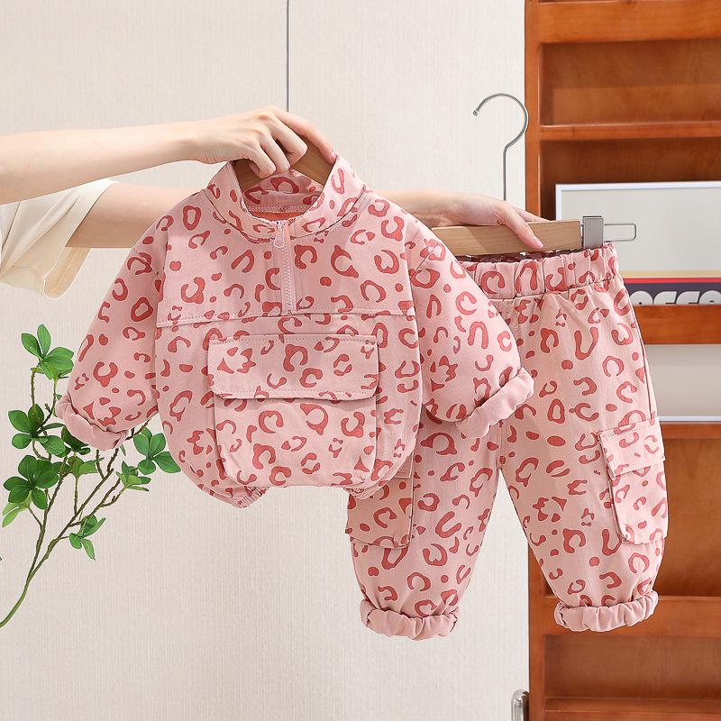 2024 Baby Spring Fashion Leopard Print Two-Piece Set for Toddlers - Stylish Stand-Up Collar for Boys & Girls