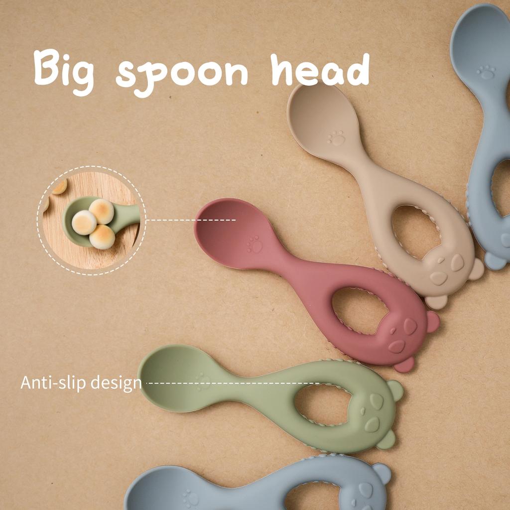 Feeding Baby Silicone Spoon Cartoon Little Bear Utensils Eat Soild Food Baby Learning Spoon Non-Slip Boy Girl Food Feeding Tool