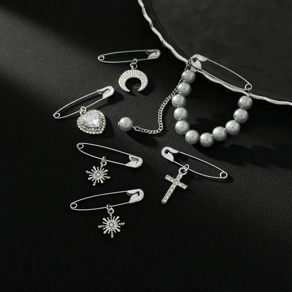 IngeSight.Z 6Pcs/Set Elegant Imitation Pearl Brooch Women Trend Sun Moon Love Heart Cross Pendant Pin Clothes DIY Accessory Gift