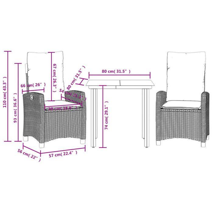 VidaXL Ensemble à Manger de Jardin avec Coussins 3 pcs, Table et Chaises avec Dossier Réglable, Meubles d'Extérieur, 3212812