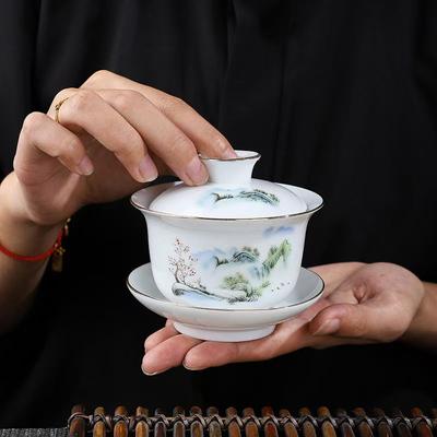 Chinese Landscape Painting Gaiwan Teacup Handmade Tea Tureen Bowl Chinese Blue and White Porcelain Teaware Accessories Drinkware