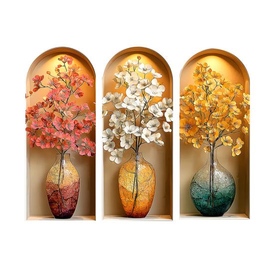 

3 Pcs 3D Flower Vase Wall Sticker Vintage Faux Floral Wall Art Self-Adhesive Peel And Stick Blossom Wall Decals for Bedroom Living Room A