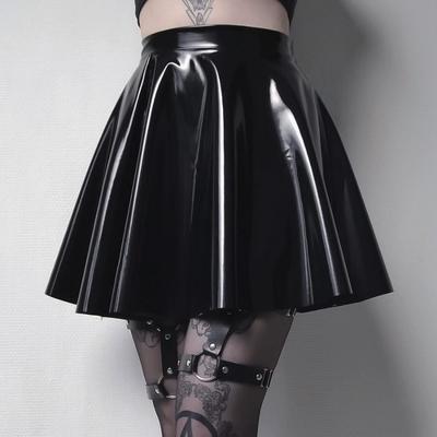 Women Dark Style Shiny Pu Leather Pleated A Line Mini Skirt