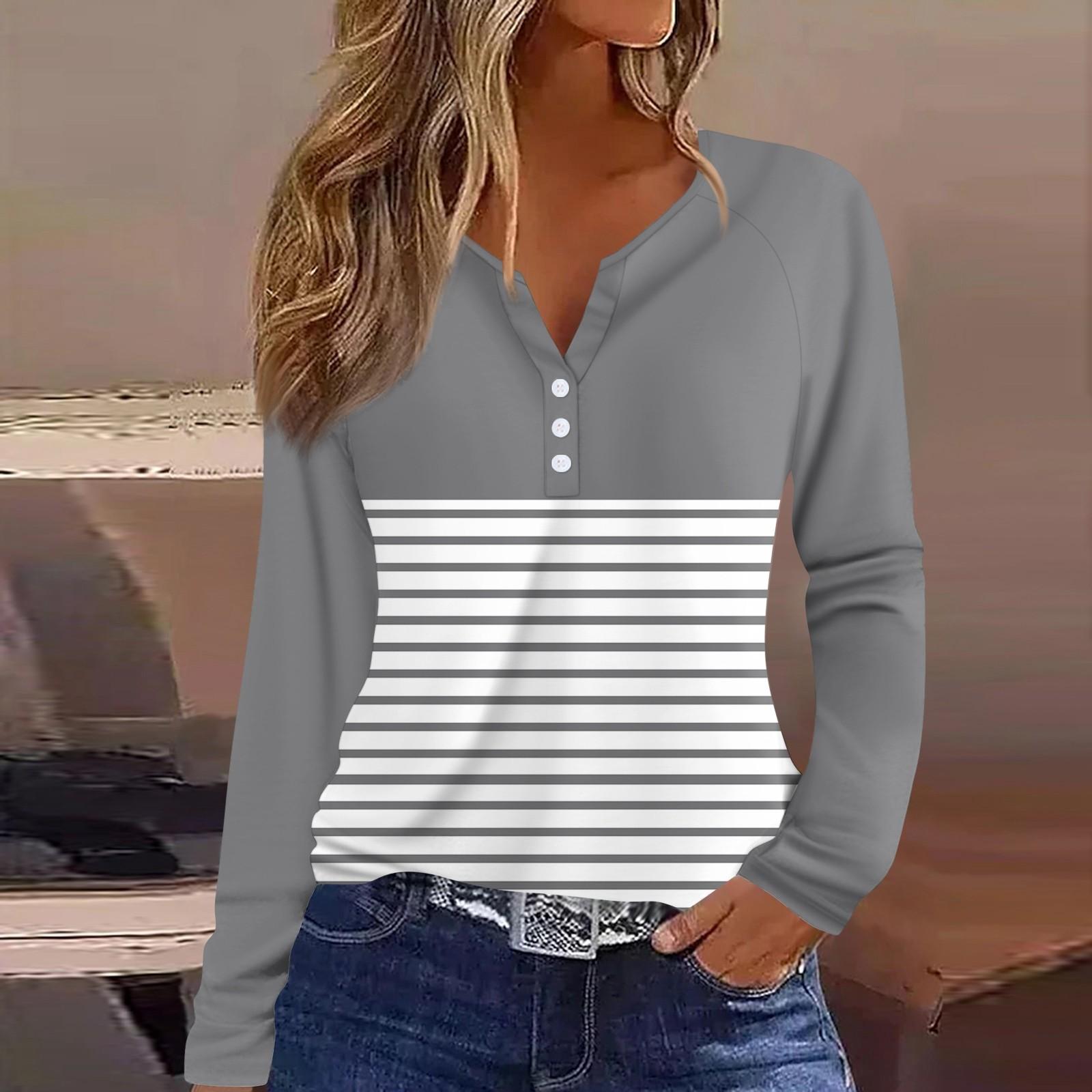 

Женская футболка с принтом, на пуговицах, с длинным рукавом, повседневная, для выходных, модная, базовая, с V-образным вырезом, обычный топ S