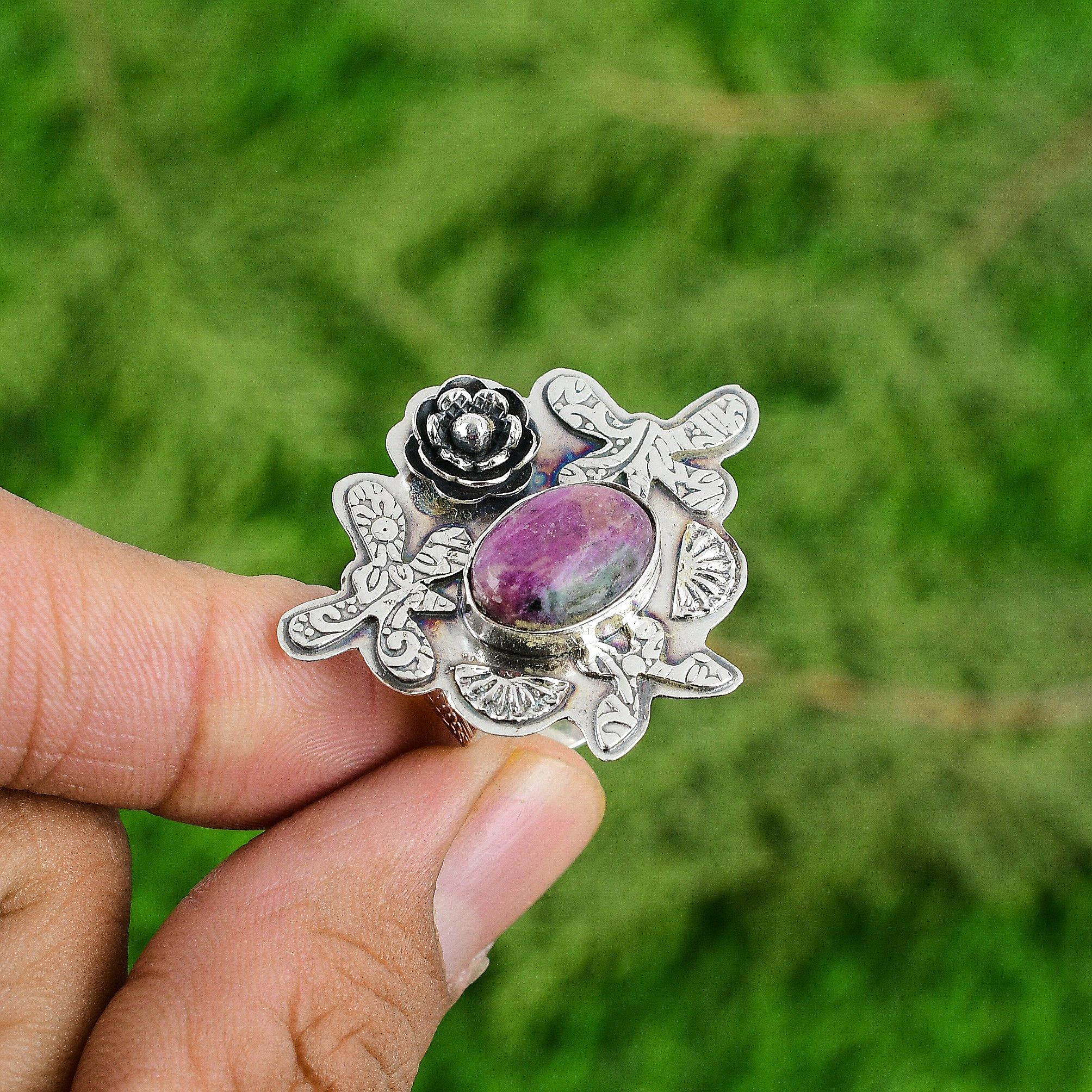 

Natural Ruby Zoisite 925 Silver Stackable Flower Adjustable Ring For Girls Adjustable