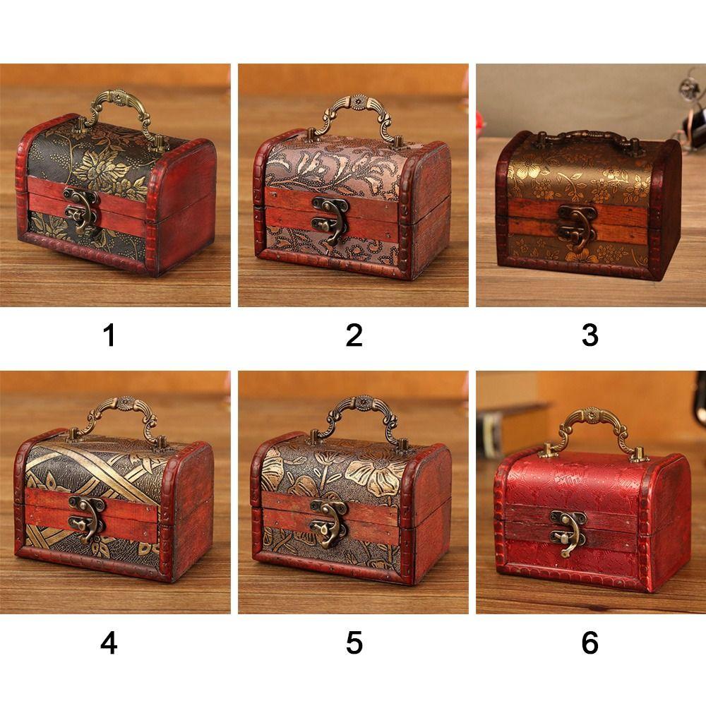 Vintage Treasure Chest Mini Trinket Box Portable Wooden Jewelry Box Cosmetics Organizer