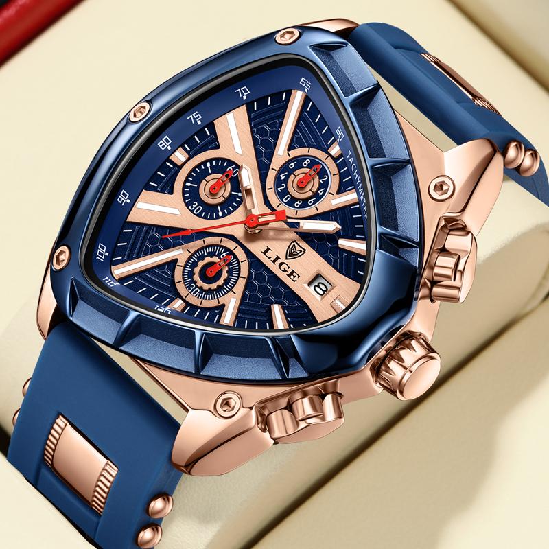 LIGE Sport Dreieck Herrenuhren Leuchtzeiger Mode Gummiarmband Militärische Unregelmäßige Quarz-Armbanduhr Wasserdichte Uhr