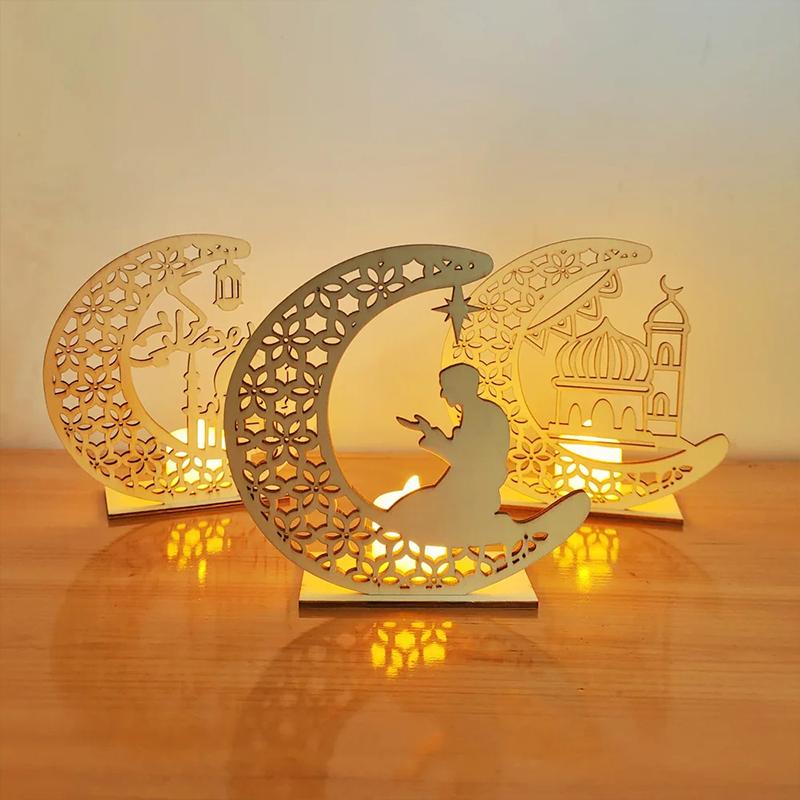 Ramadan Night Lights Star And Moon Wooden Festival Craft Lamps Muslim Eid Party Decoration Candles Atmosphere Lights