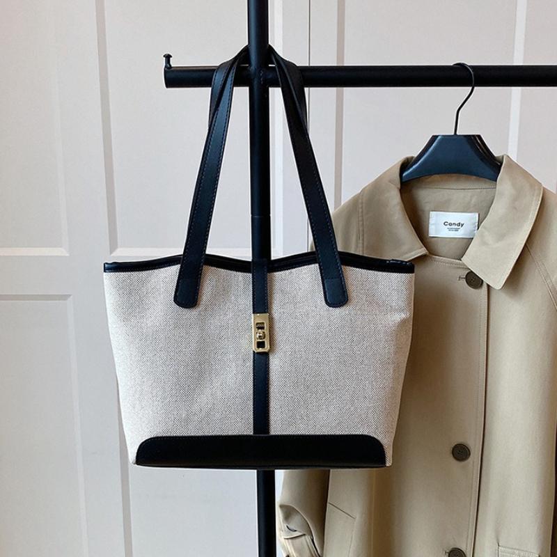 Minimalist Large Capacity Canvas Tote Bag with Brown Faux Leather Gold Turn Lock Detail Spacious Shoulder Purse for Daily Use