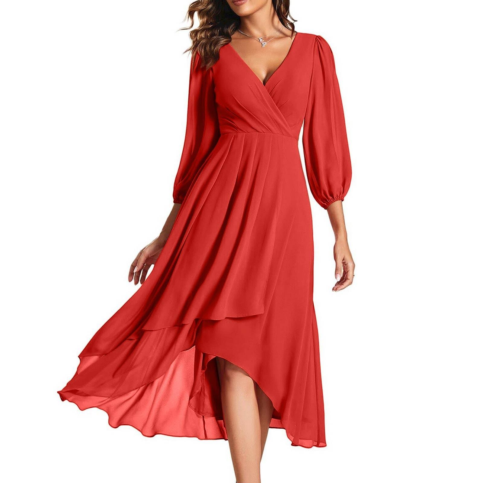 

Women s Fashion V-Neck Long Sleeve Loose Slim Evening Casual Chiffon Dresses S