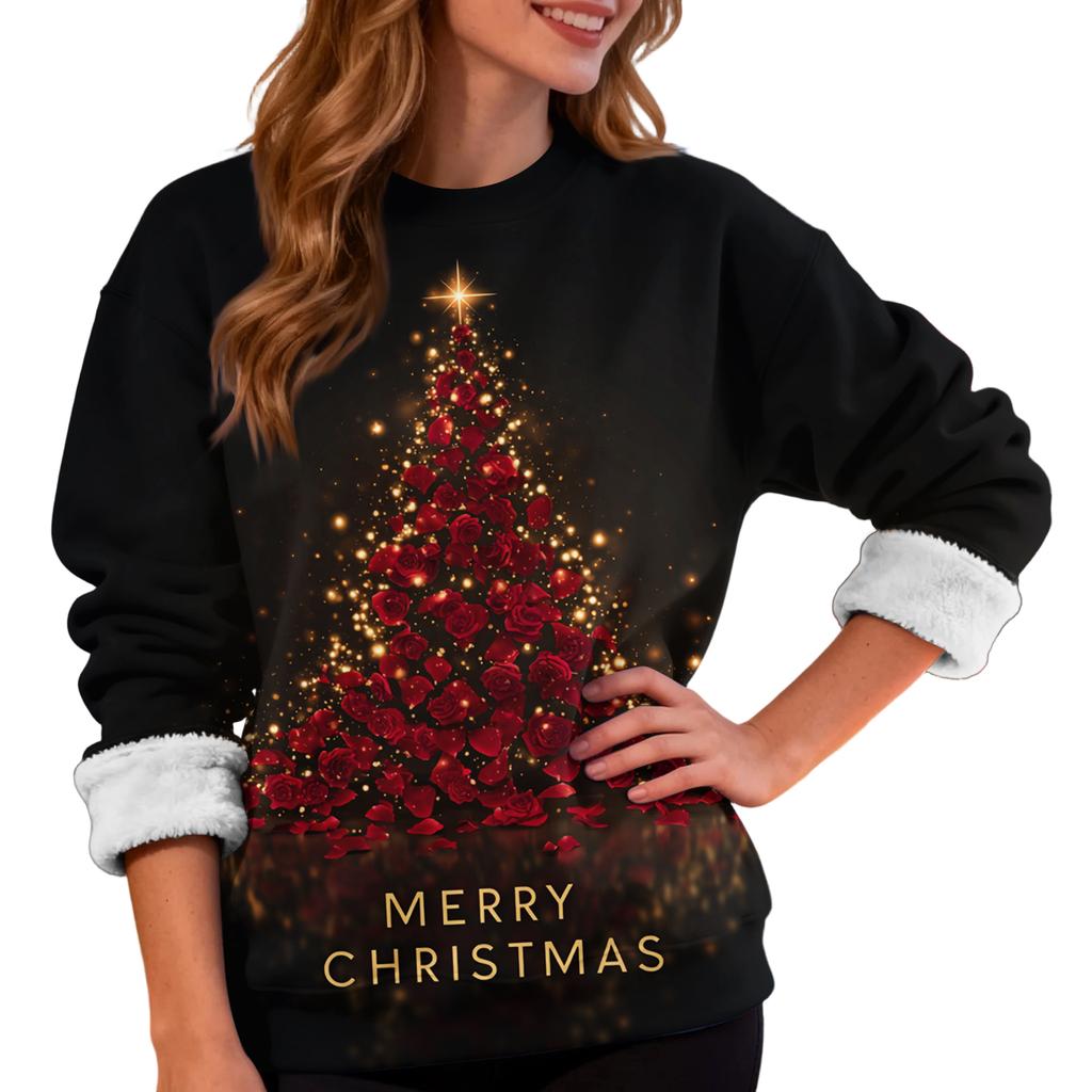 Women's Casual Fashion Round Neck Plus Velvet Thickened Christmas Print Sweatshirt