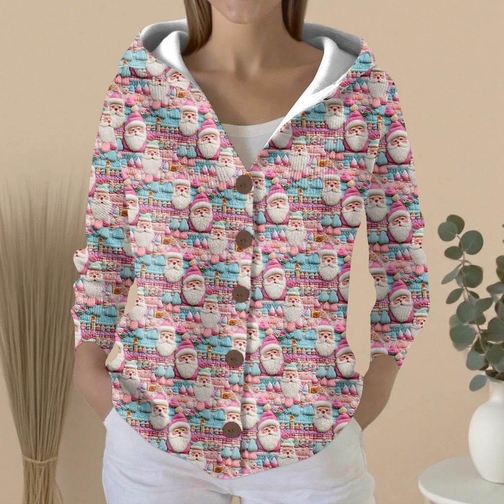 Women's Fashion Casual Sweater Button-Up Print Cardigan  Hooded Jacket