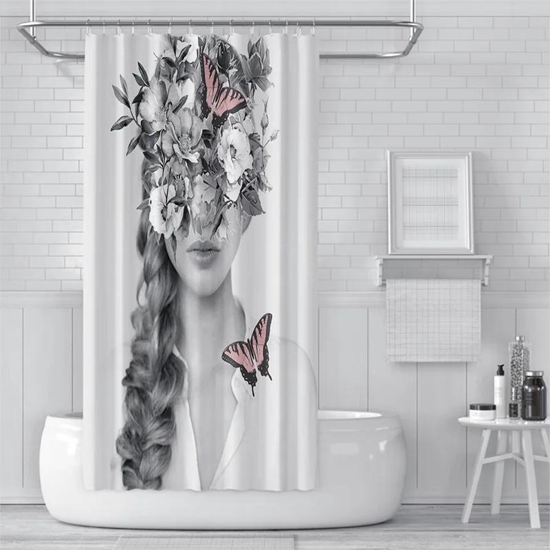 3D Shower Curtain European And American Abstract Figures, Flowers, Toilet Partition Curtains, Simple Curtains With Accessories