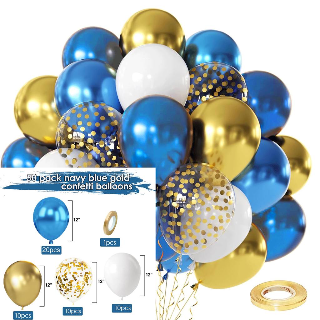 12inch-50pcs Blue Gold Green and Pink Balloon Set, Suitable for Weddings, Birthdays, Popular Parties, Bridal Showers