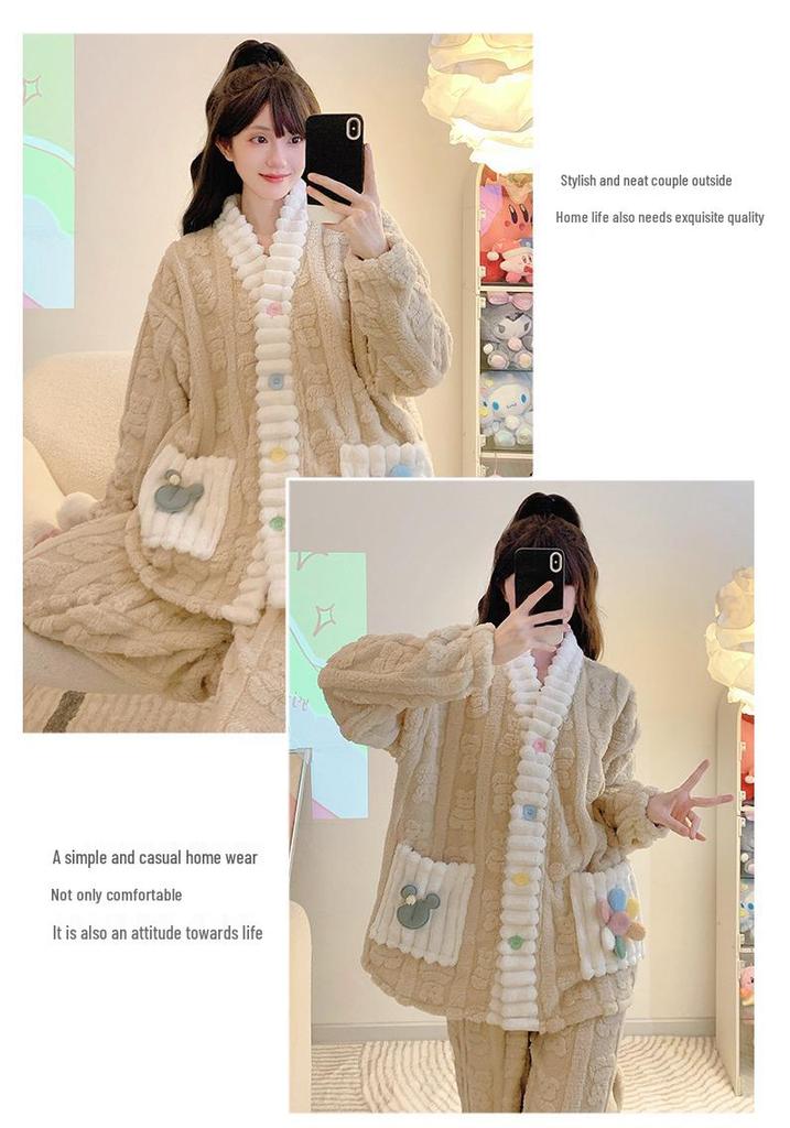 Women’s Winter Coral Fleece Pajama Set - Long Sleeve Flannel Cardigan, Thick Warm Plus Size Home Wear