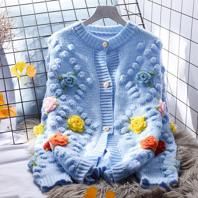 

Светр Пальто Жіночий вільний кардиган Осінній японський віковий зменшуючий м’який клейкий довгий рукав з круглим вирізом Короткий в’язаний светр-джемпер One Size синій