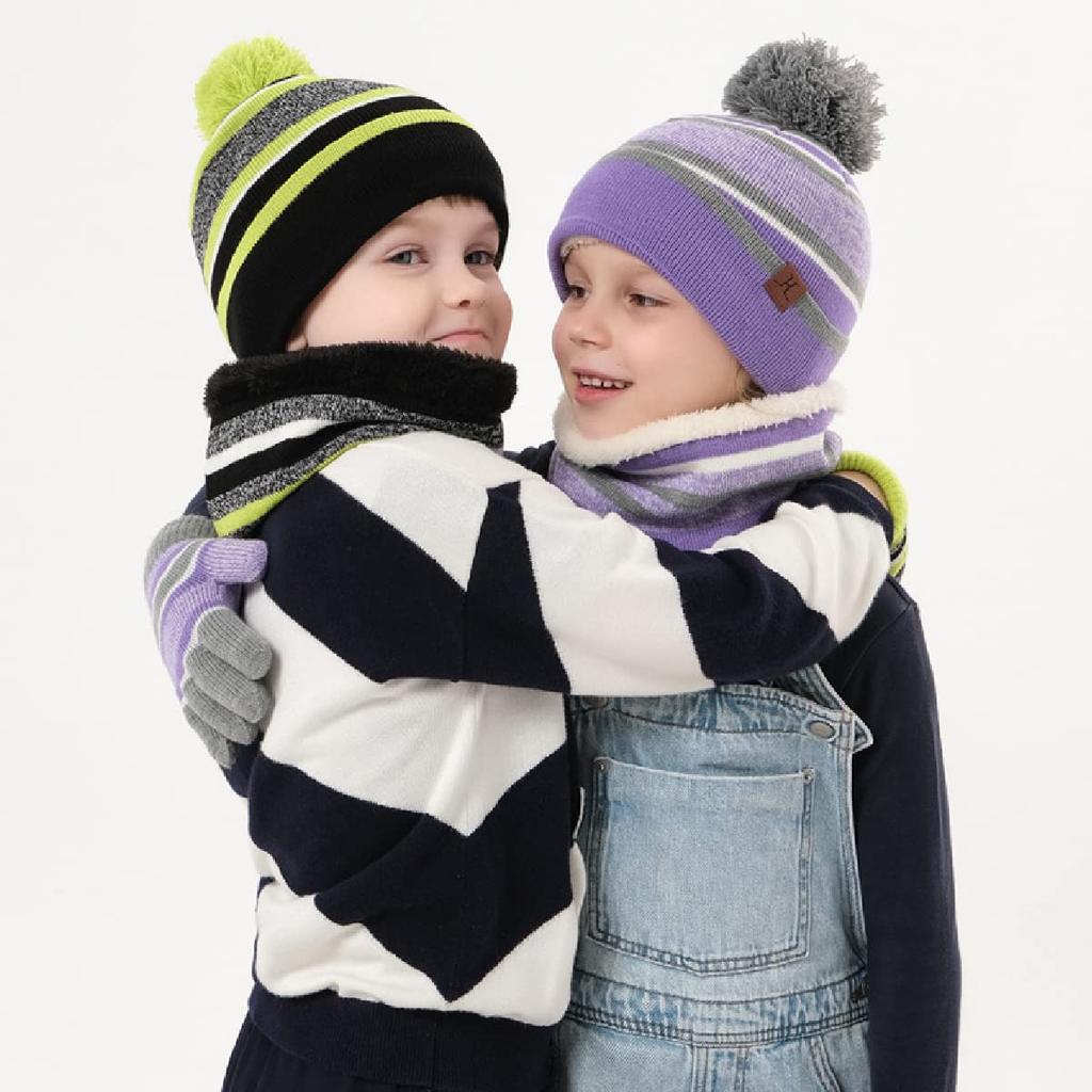 TRIWONDER Pletená sada na krk a rukavice pro Perfektní pro venkovní aktivity a cestování Fialový fleece 3dílná čepice, nákrčník, chlapci, zima, lyžování, snowboarding, cyklistika,