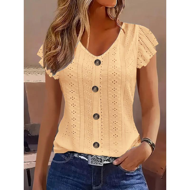 BITCED Women's Fashion Casual Solid Color Print Short Sleeve V-Neck Blouses & Shirts