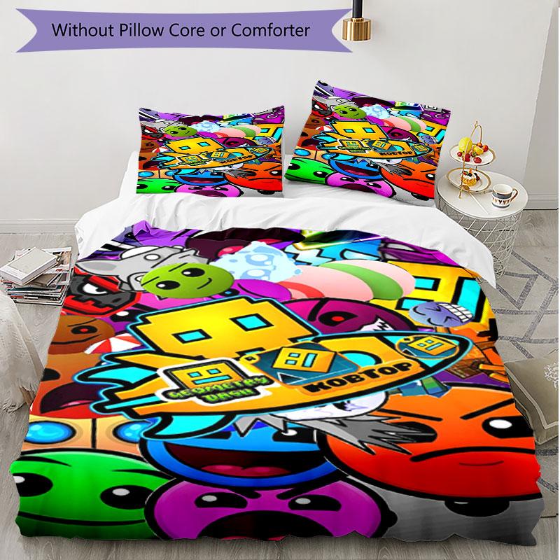 3pcs Duvet Cover Set (1*Duvet Cover + 2*Pillowcase, Without Core), Geometry Dash Print Soft All‑Season Bedding Set, Home Bedroom Decor Gift