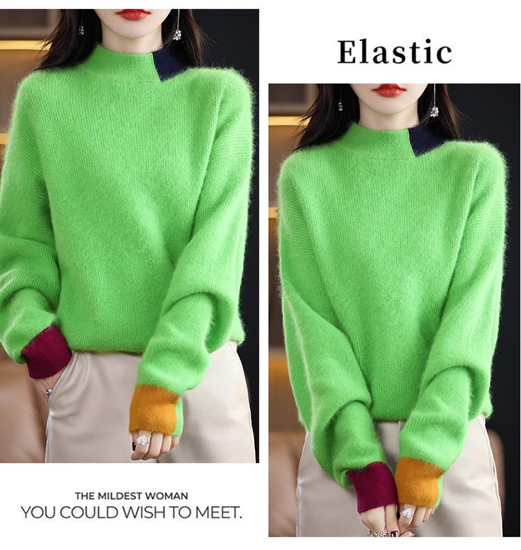 2024 Autumn/Winter Women's Color Block Mink Velvet Half-High Collar Sweater - Short, Loose, Thickened Wool Knit Base Layer.
