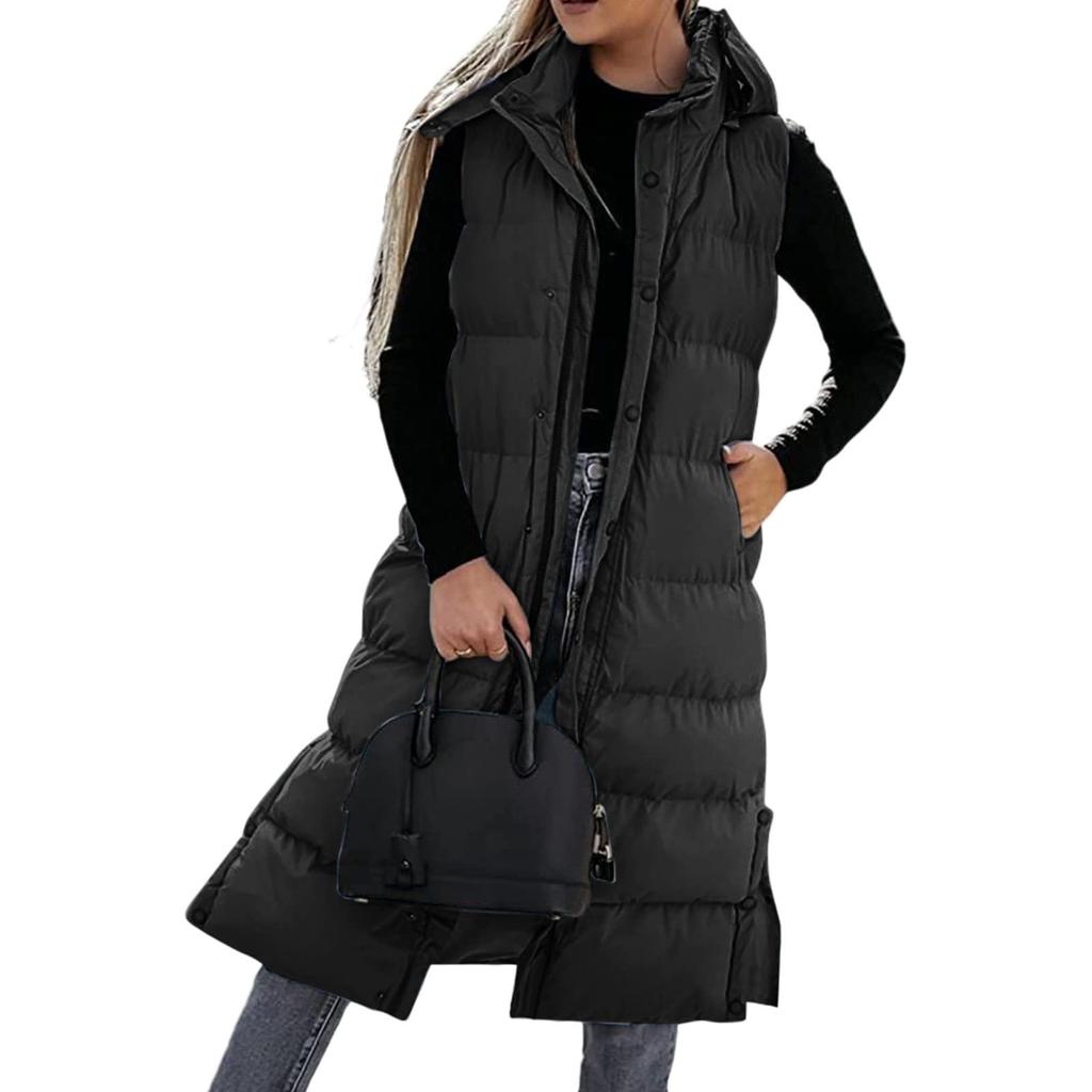 Women's Long Down Vest With Hood Winter Lightweight Long Slim Vest Jacket Sleeveless Vest