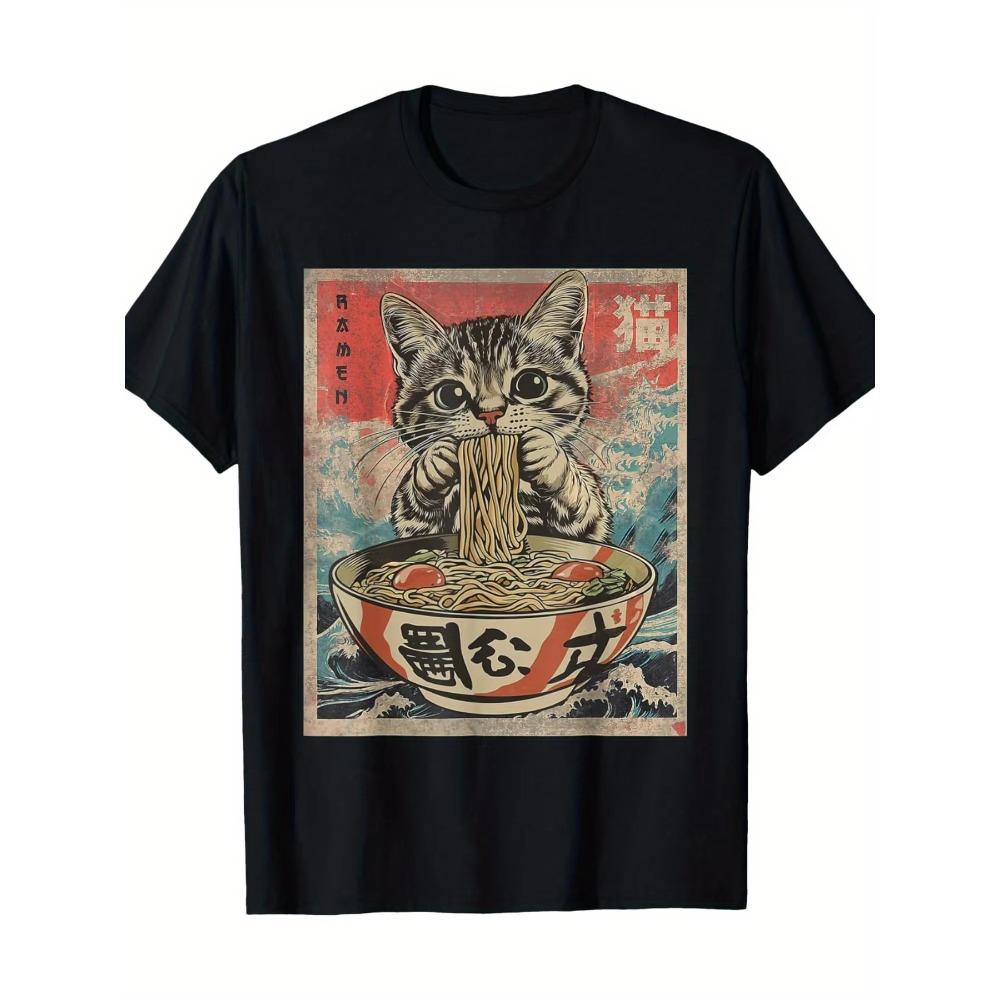 Kawaii Cat Ramen Anime TShirt for Men Crew Neck Short Sleeve Tshirt Regular Fit Casual Wear Comfortable Breathable Soft Cotton