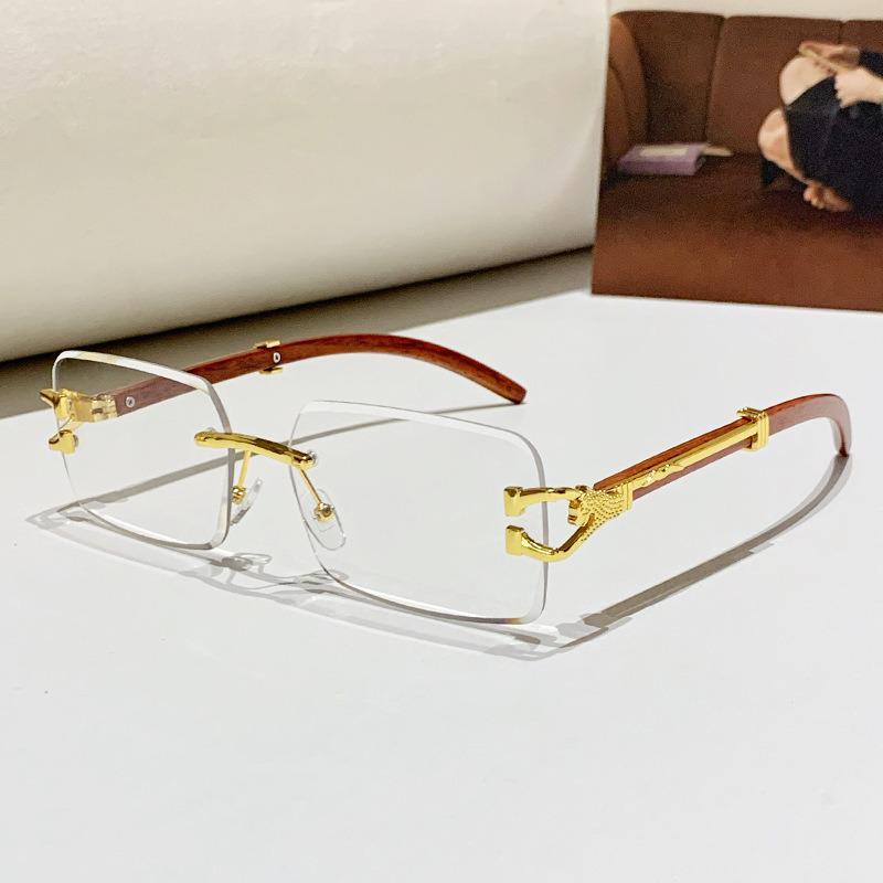 2026 Frameless Faux Wood Grain Leopard Head Men's Square Sunglasses with Leopard Temple.