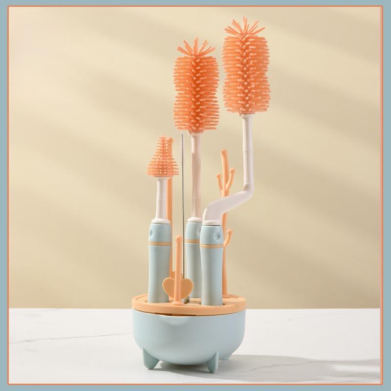 Food Grade Silicone Brush Baby Bottle Cleaner with Drying Rack Deep Clean Bottle Brush Bottle Cleaner Kit Newborn Accessories
