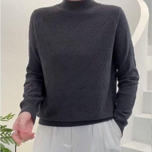 Autumn Winter Women's Lace Half-Turtleneck Sweater Loose Carved Knit Pullover Sweater Solid Color Knit Top