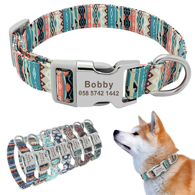 Cross-Border Dog Collar Wholesale Engraved Dog Tag Anti-Lost Adjustable Semi-Metal Buckle Medium and Large Dog Collar