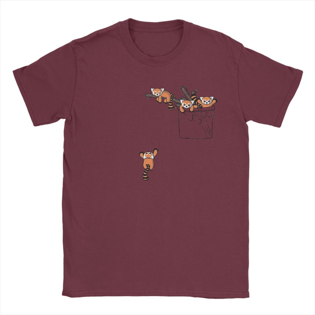 Men's Pocket Red Panda Bears T Shirt  Pure Cotton Clothing Amazing Short Sleeve Round Neck Tees Printing T-Shirt