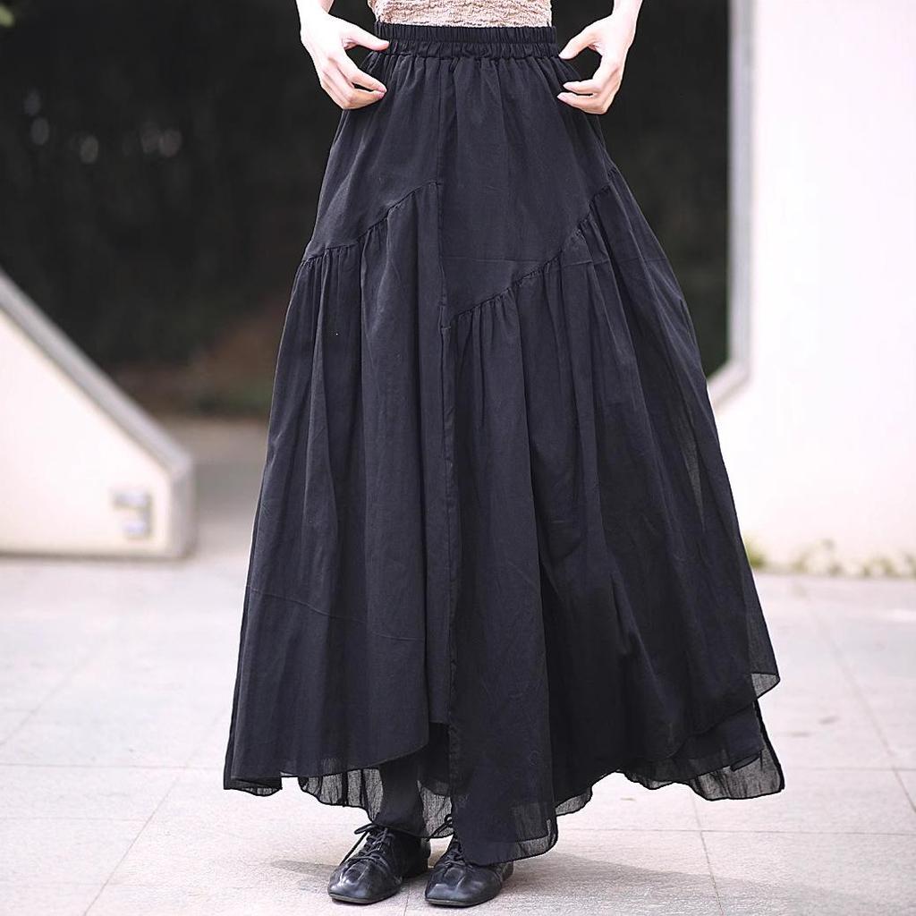 25 Small Warm Spring-Summer All-Cotton Irregular Swing Long Skirt, Literary Cotton-Linen Half-Body Skirt with Elastic Waist, Retro Style