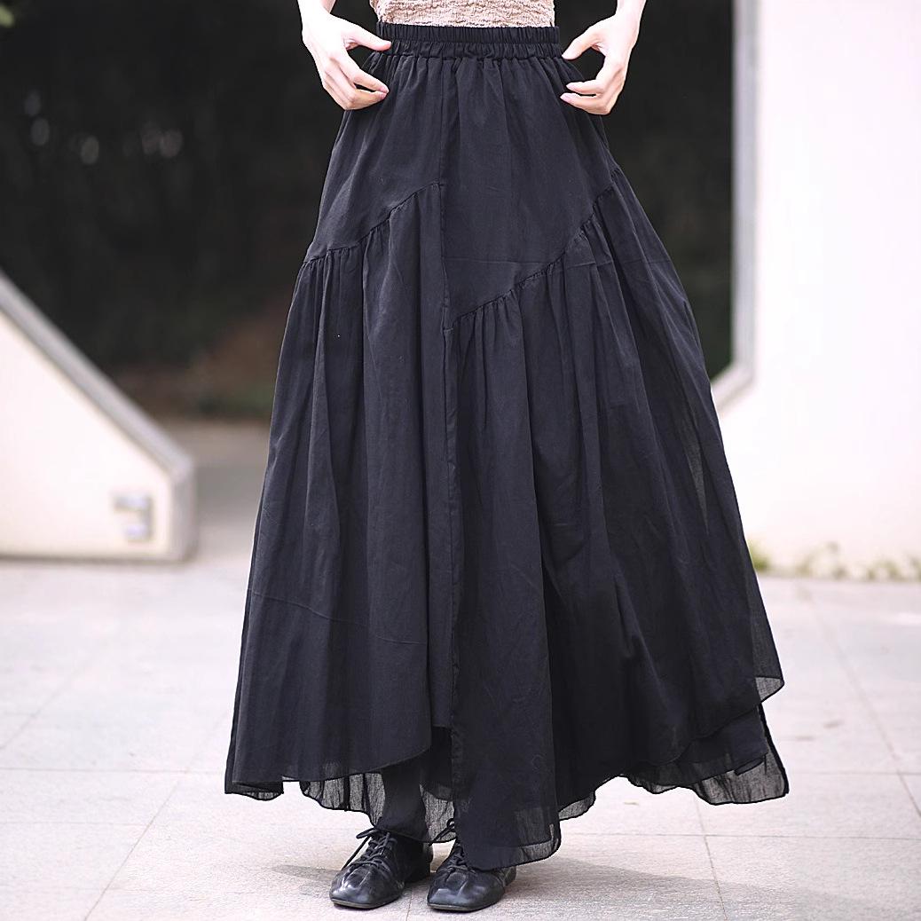 

25 Маленькая теплая весенне-летняя юбка из 100% хлопка с неровным подолом, литературная хлопково-льняная юбка до середины голени на резинке, в стиле ретро Small чёрный