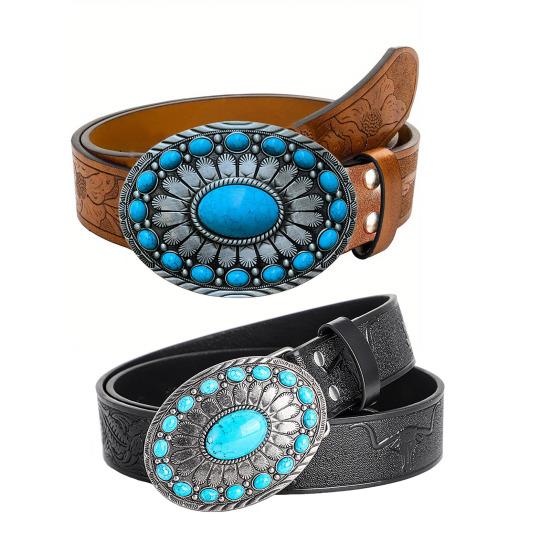 Bohemian Style Belt Synthetic Turquoise Buckle Belt Western Cowboy Cowgirl Belt Hip Hop Punk