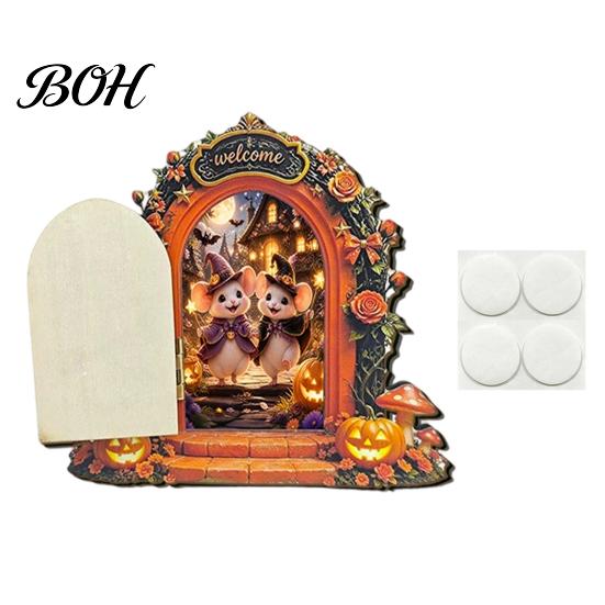 Openable Miniature Door Ornament Halloween Mouse Hole Wall Decoration, Retro Arched Fairy with Pumpkin Tale Garden & Flower Decor, for Holiday