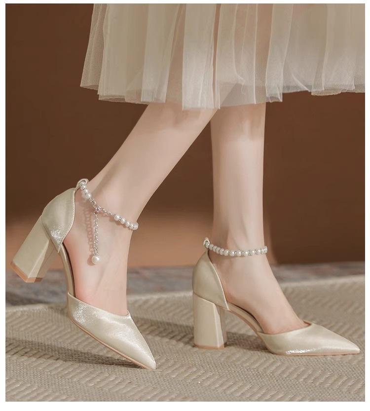 Thick Heel Pointed Hollow Pearl One-word Buckle High Heels High Heels Wedding Shoes Versatile Small Size Shallow Mouth Single Shoes Bridesmaid Shoes
