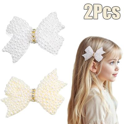 2Pcs Popular Pearls Bow Hair Clips Korean Style Hairpins Elegant Sweet Rhinestone Barrette For Girls Kids Headdress Accessories