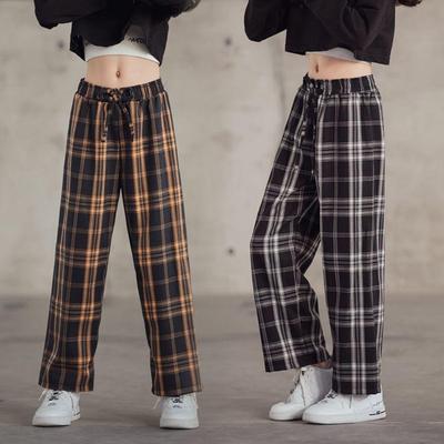 Girls Plaid Pants Wide Leg Pants Kids Casual Straight-leg Pants Teenager Sport Trousers