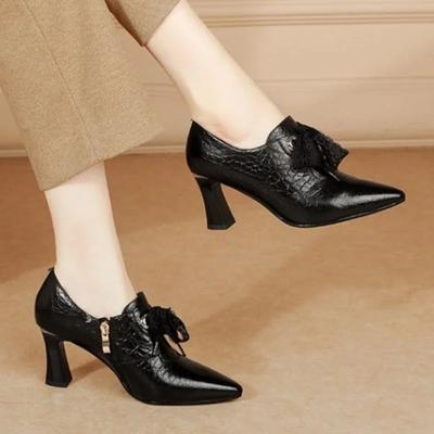 Deep Mouth Solid Color Single Shoes  Spring and Autumn New Thick Heel Fashion All-match Pointed Side Zipper Leather Shoes