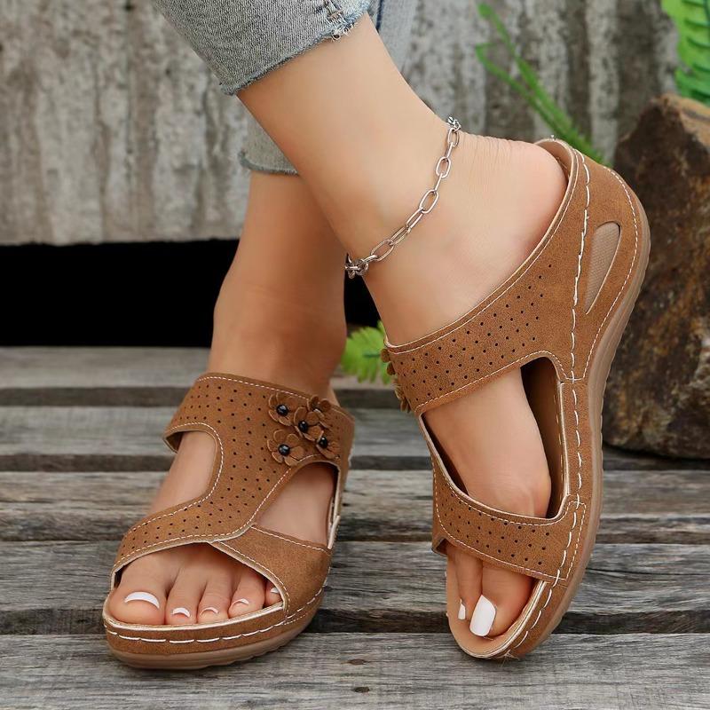 Dámské nadměrné letní nové sandály jednobarevné květinové s otevřenou špičkou na klínku s rybí tlamou