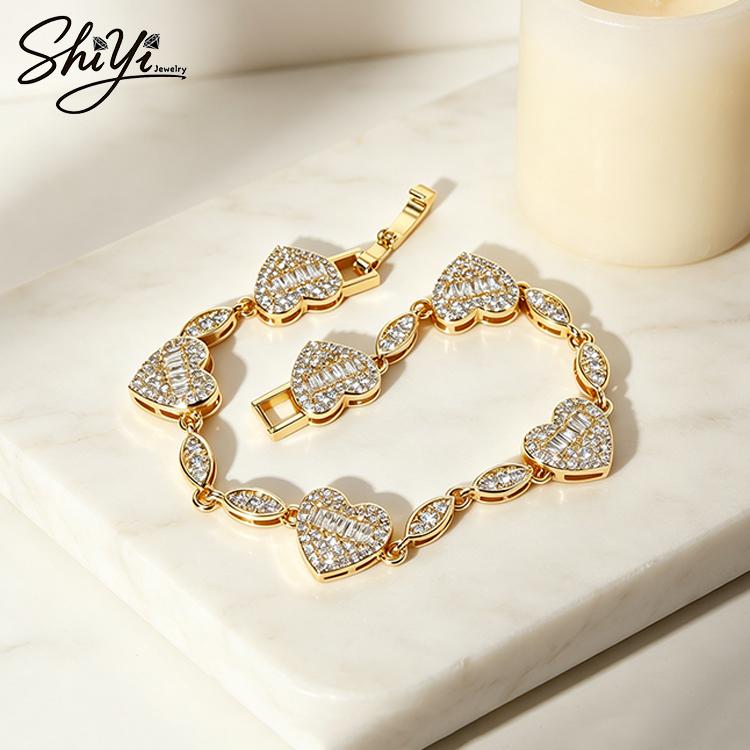 Elegant Romantic Heart Shaped Bracelet Gold Color Marquise Baguette CZ Link Bracelet Exquisite Party Accessories for Ladies