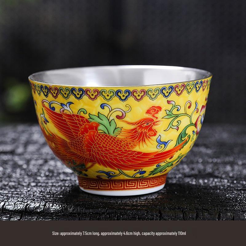Handmade 999 Sterling Silver Dragon & Phoenix Enamel Tea Cup Gift Set - Gongfu Court Style