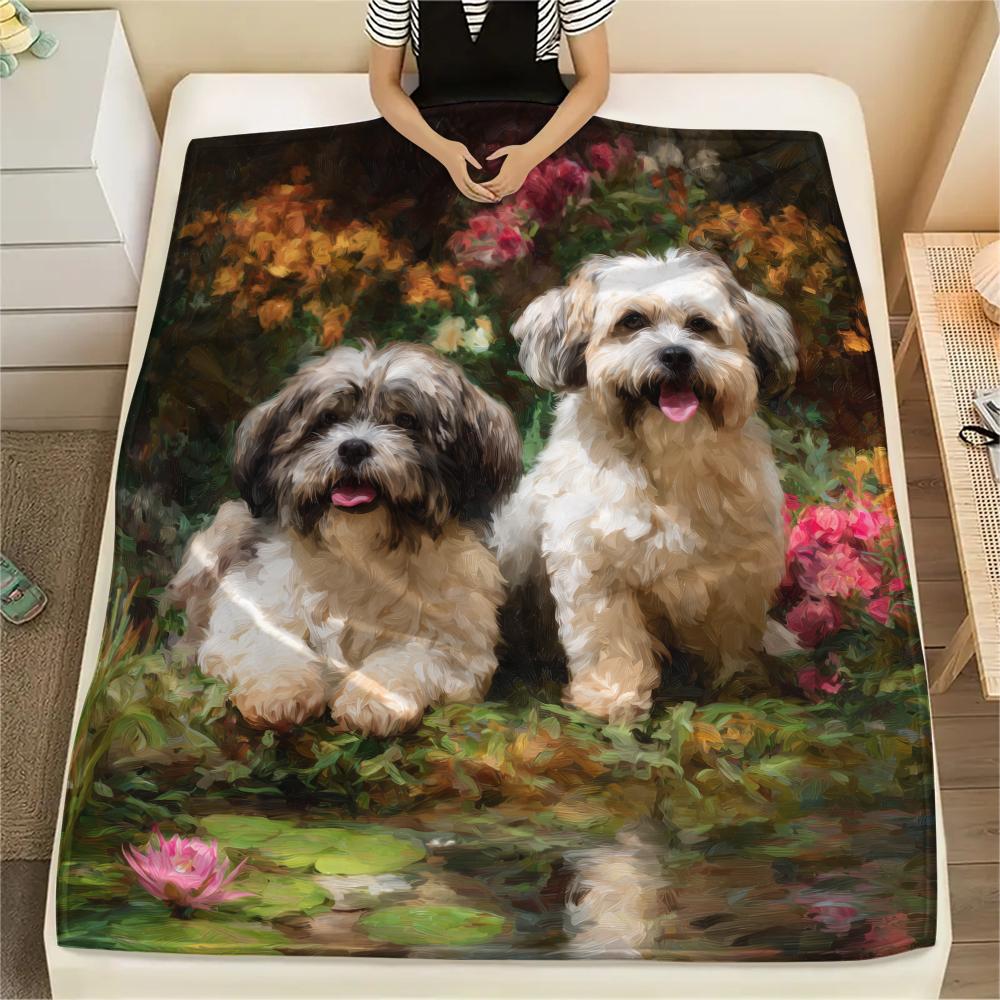 Shih Tzu and grass,pattern Flannel Blanket, High quality Comfortable for All Seasons, Home Decor, Warmth and Comfort, Perfect for Gifts.