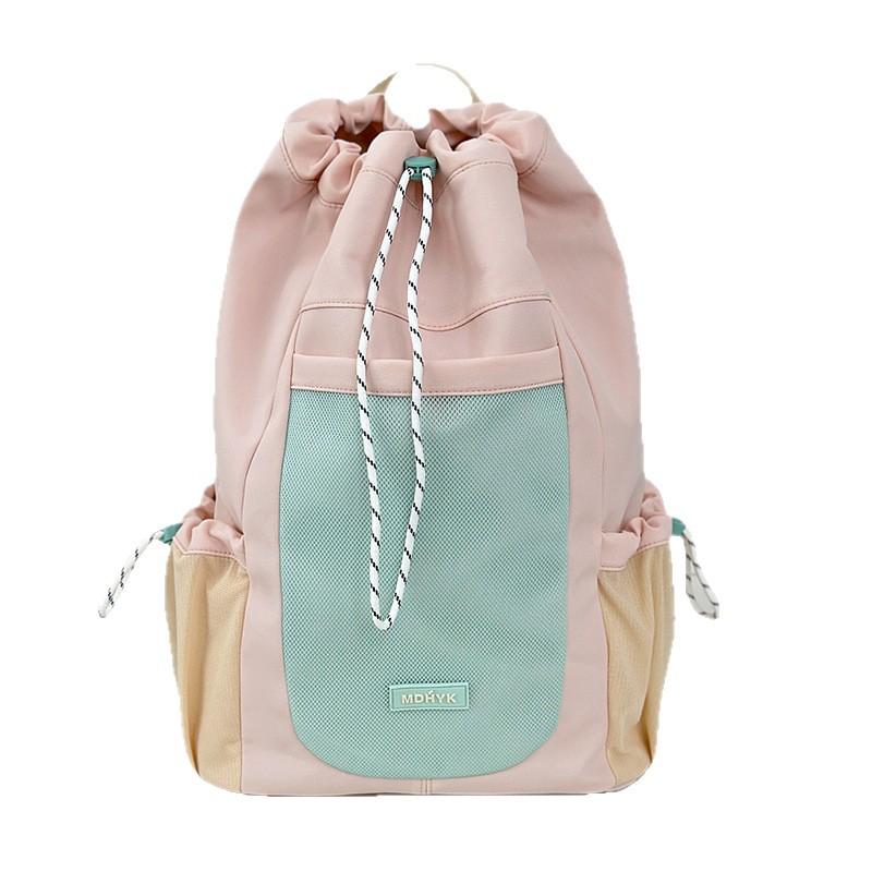 Korean Version Contrast Color Drawstring Canvas Tie Pocket Travel Bag Outdoor Cycling Backpack Female Schoolbag Backpack
