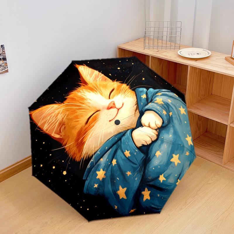 1 PC Automatic Folding Umbrella - Sleepy Kitten Pattern, Portable & Foldable Design with 8 Ribs, Christmas Birthday Gifts