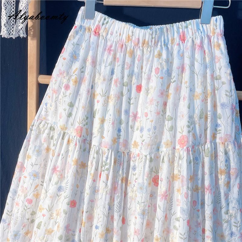 Japanese Mori Girl Spring Summer Women Midi Skirt Elastic Waist Colorful Floral Sweet Skirt Elegant Feminine Ladies' Pretty Skirt
