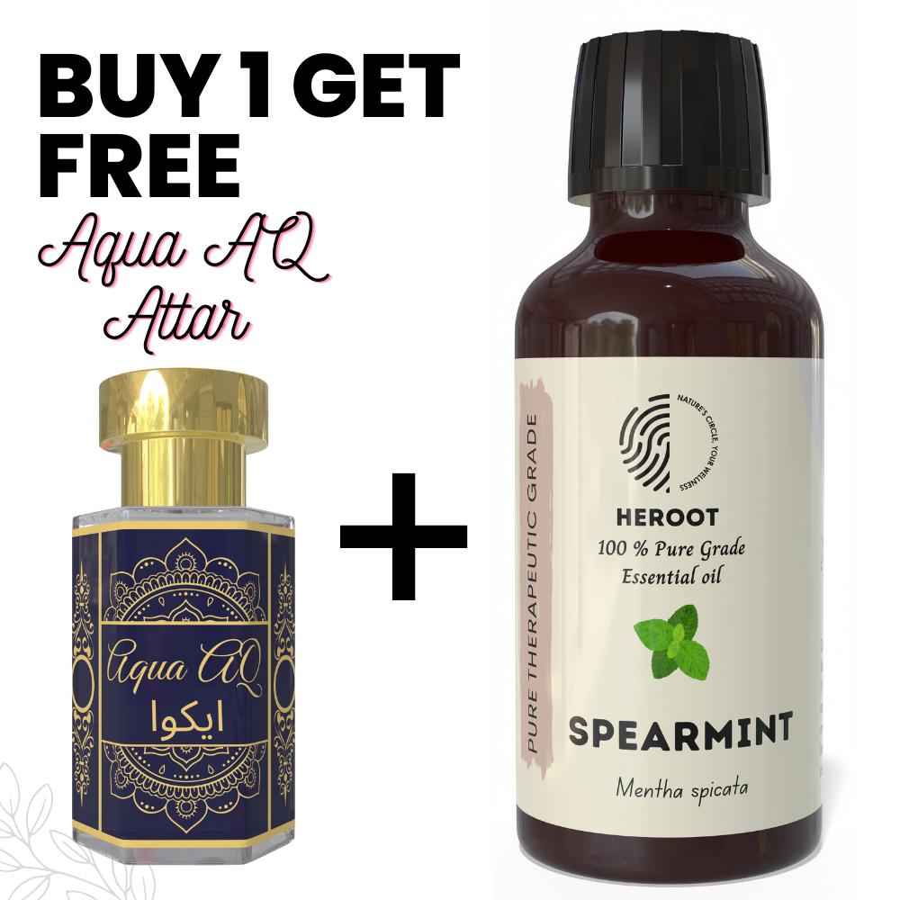 Spearmint Essential Oil 10ml for Aromatherapy & Home Fragrance Get 1 Free 6 Ml Attar – Aqua AQ, Dubai Oud, Aura, White Oud