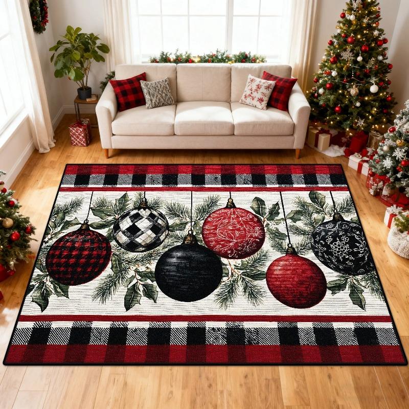 Holiday Holly Carpet Rug Christmas Bauble Snowflake Home Decoration Mat Festive Xmas Plaid Red Living Room Decorative Design