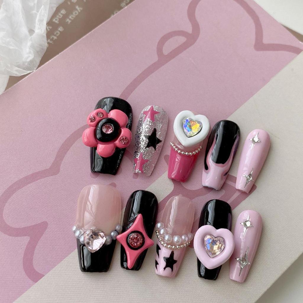 Y2K Drăguța Barbie Fata Fierbinte Artă de Unghii cu Strasuri: Stele și Inimi Negre și Roz